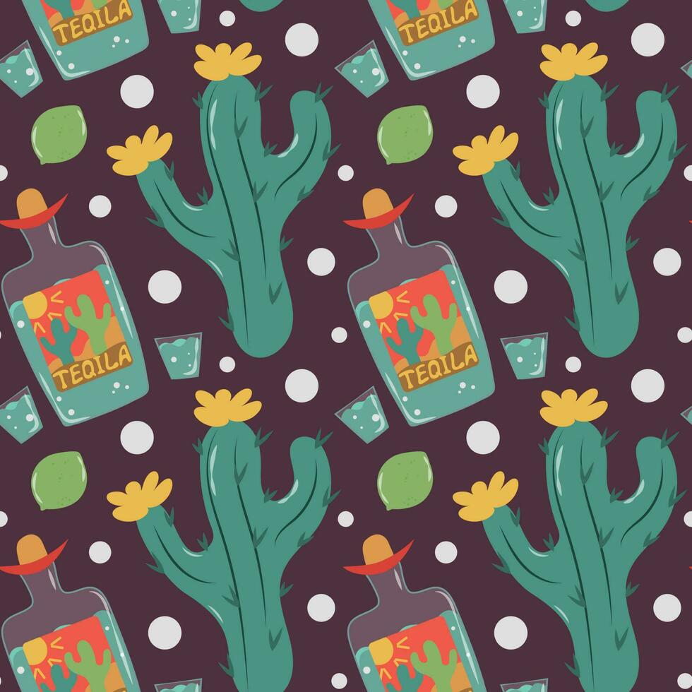 Seamless pattern with cacti and tequila vector