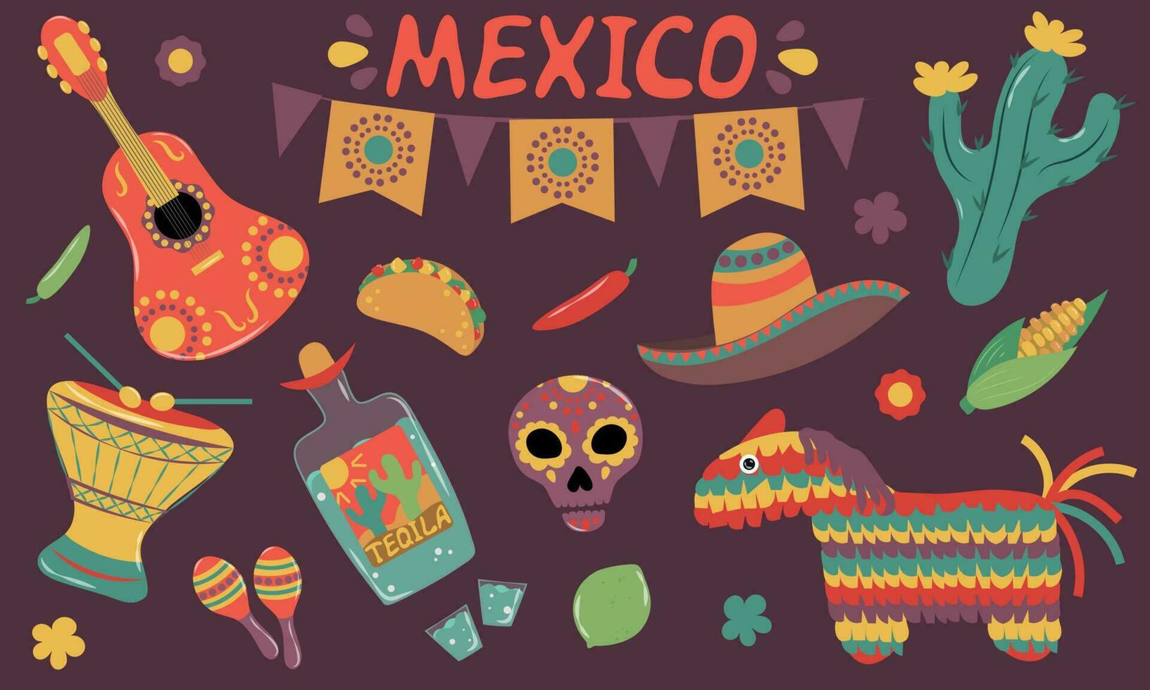 A large set of objects of Mexican culture vector