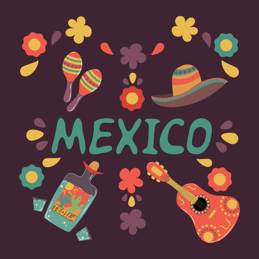 póster con objetos de mexicano cultura vector