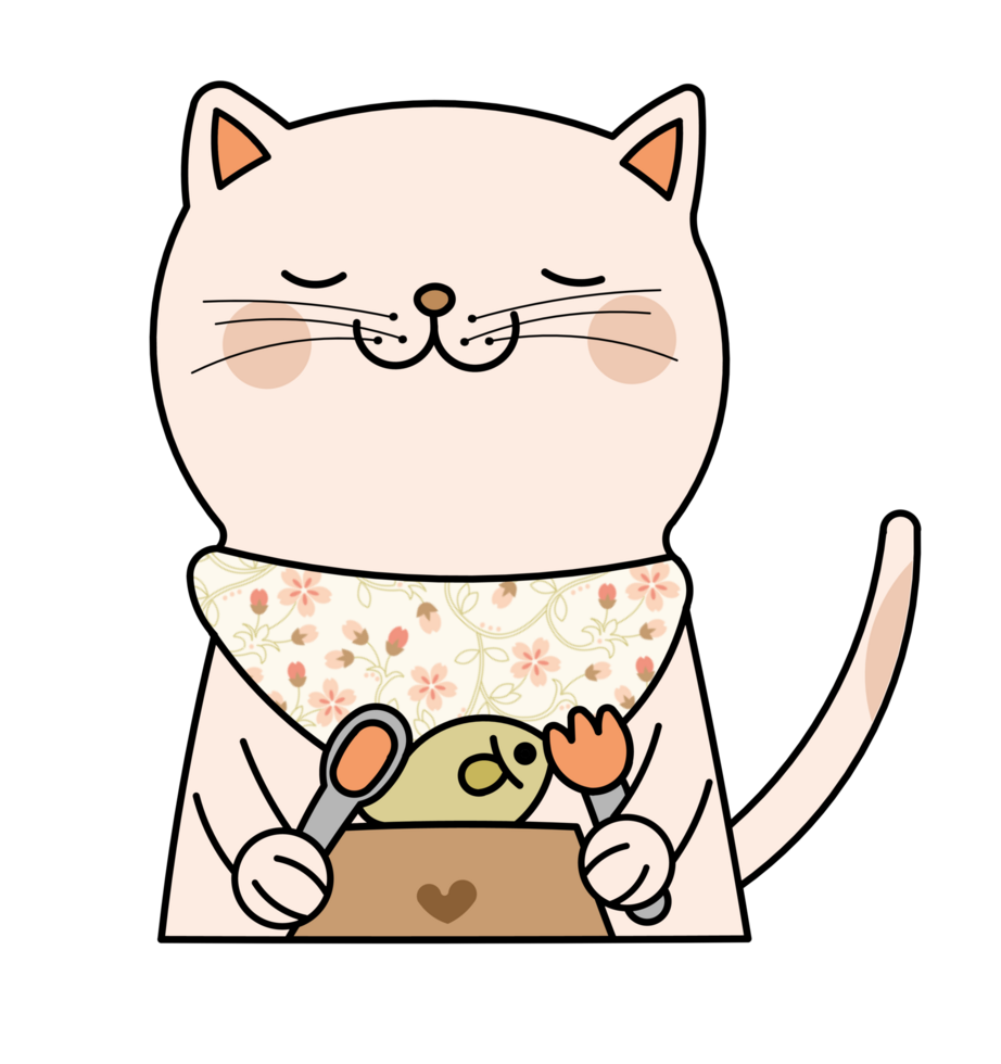Cute cat holding fork and spoon with fish png