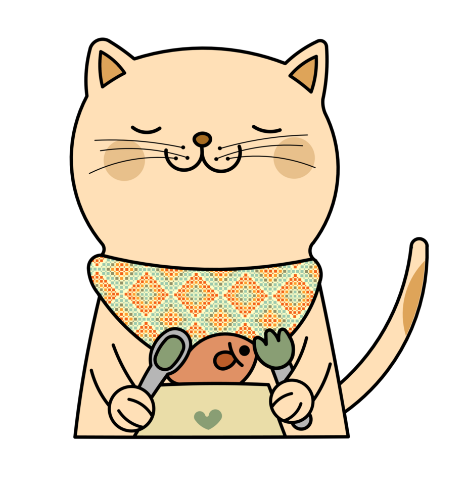 Cute cat holding fork and spoon with fish png