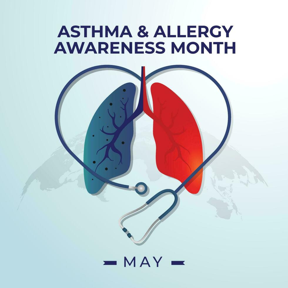 National Asthma and Allergy awareness month celebration design template. astma and allergic design elements with lungs ribbon and stethoscope vector illustration. flat design. medical design.
