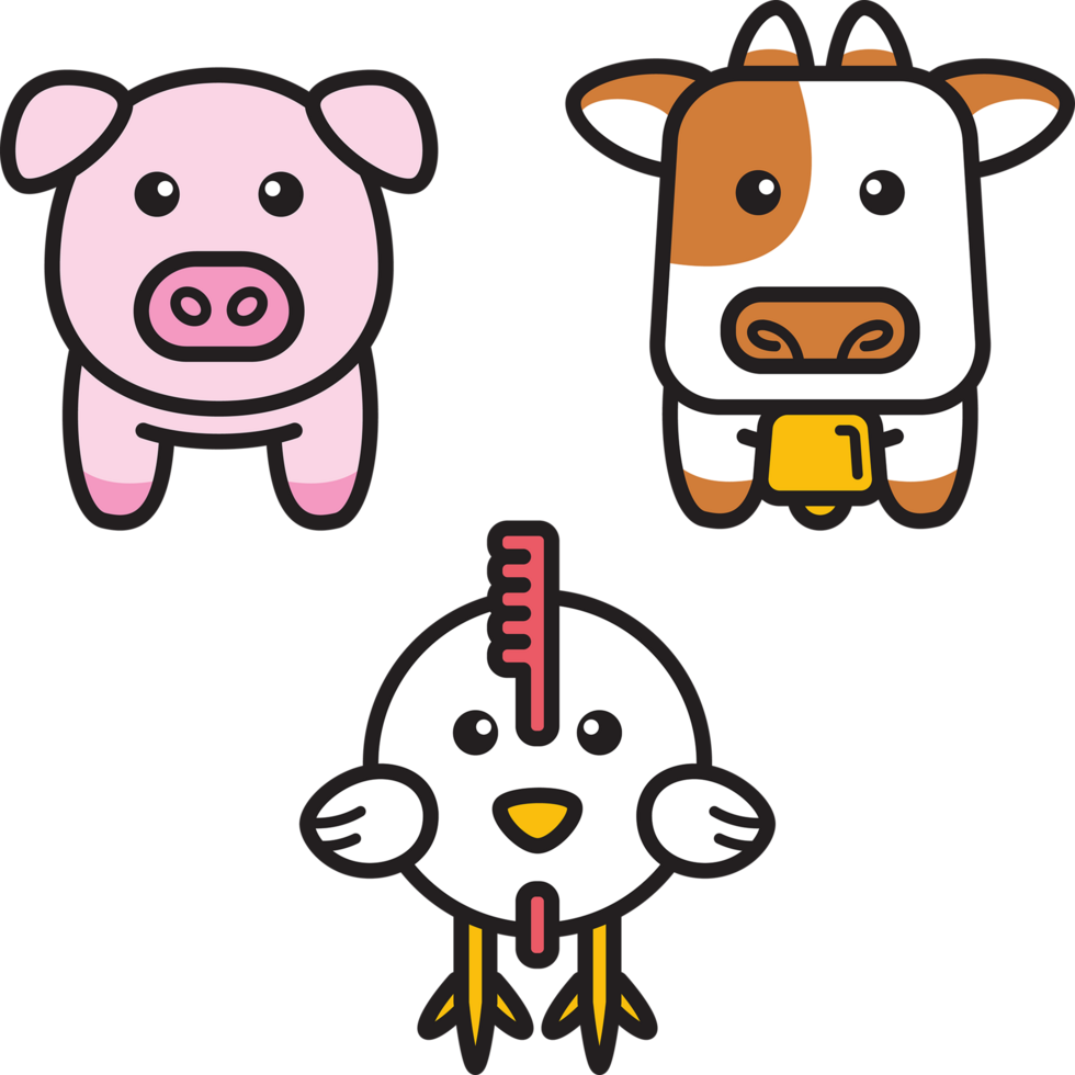 Cute Cow, Pig, and Chicken Farm Animal Icons png