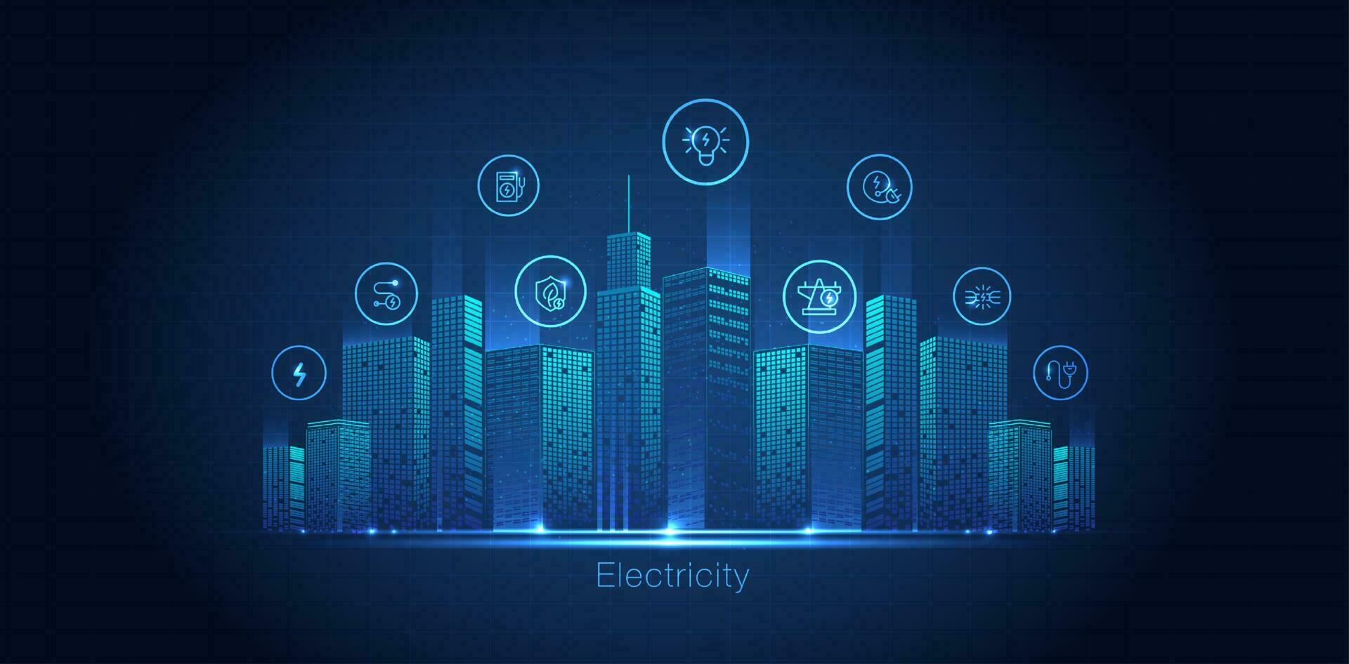 Electric power symbol, lightning bolt sign with icons glowing, green renewable energy concept, futuristic technology with turquoise neon for website, mobile app. vector design.