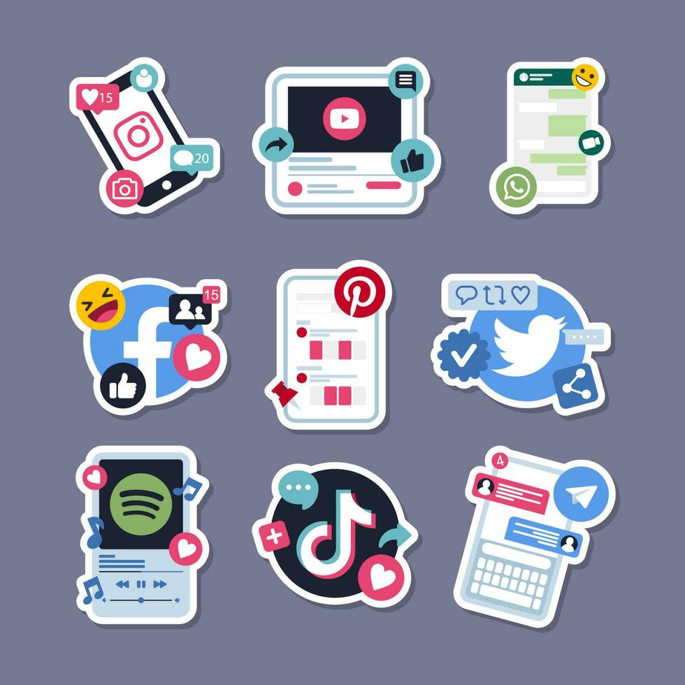 social medios de comunicación logo pegatina conjunto vector