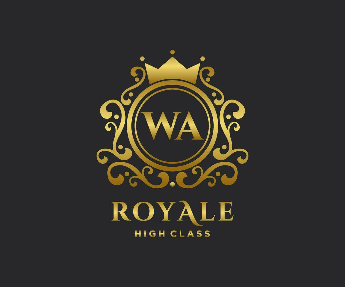 Golden Letter WA template logo Luxury gold letter with crown. Monogram alphabet . Beautiful royal initials letter. vector