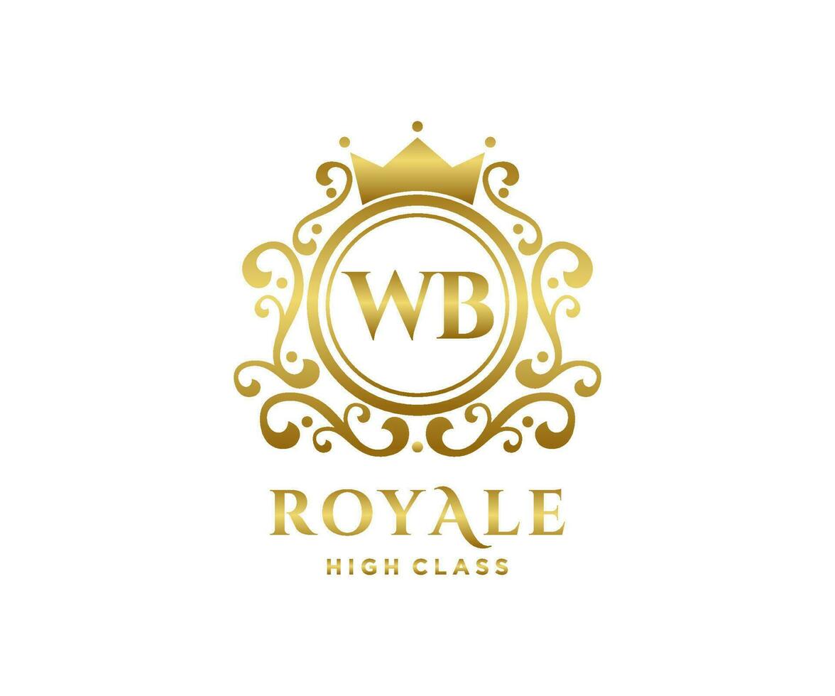 Golden Letter WB template logo Luxury gold letter with crown. Monogram alphabet . Beautiful royal initials letter. vector