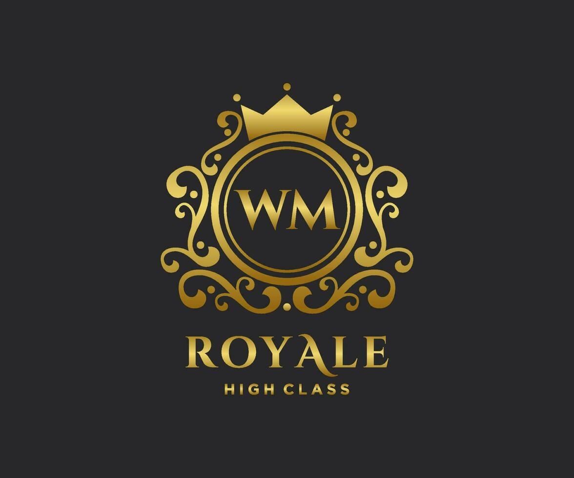 Golden Letter WM template logo Luxury gold letter with crown. Monogram alphabet . Beautiful royal initials letter. vector