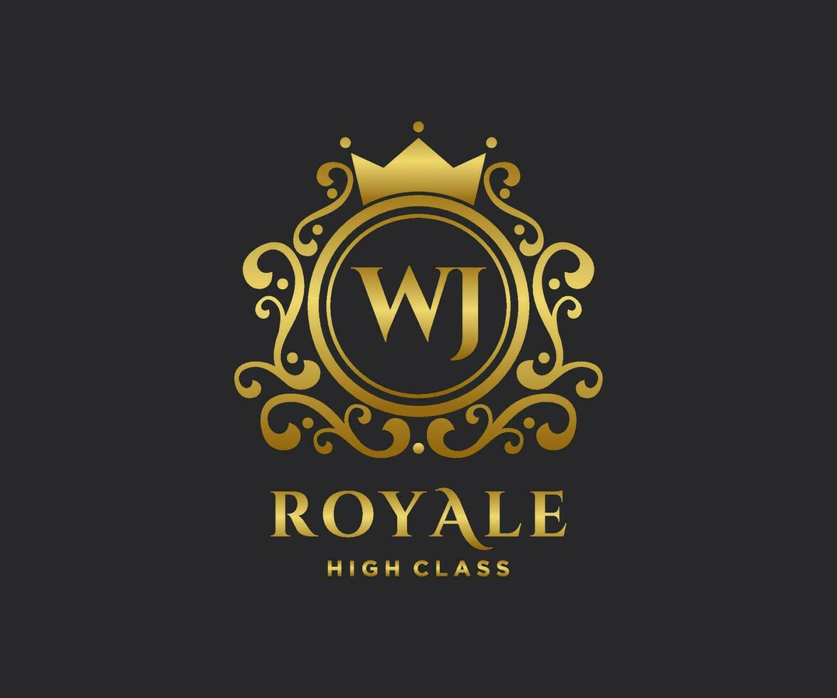 Golden Letter WJ template logo Luxury gold letter with crown. Monogram alphabet . Beautiful royal initials letter. vector