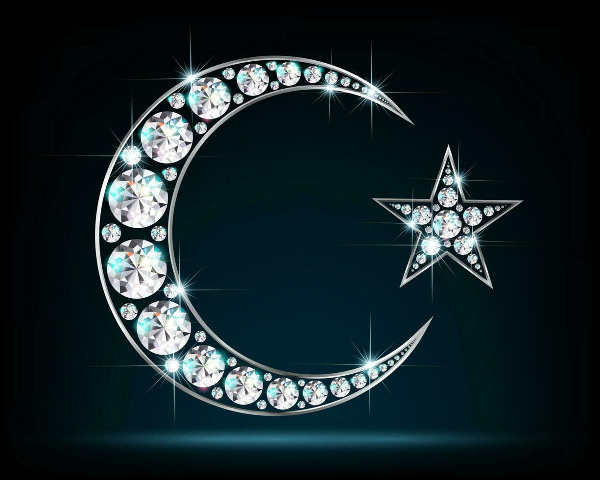 símbolo de islam. creciente y estrella hecho de diamantes en un oscuro antecedentes. 3d realista ilustración. vector. vector