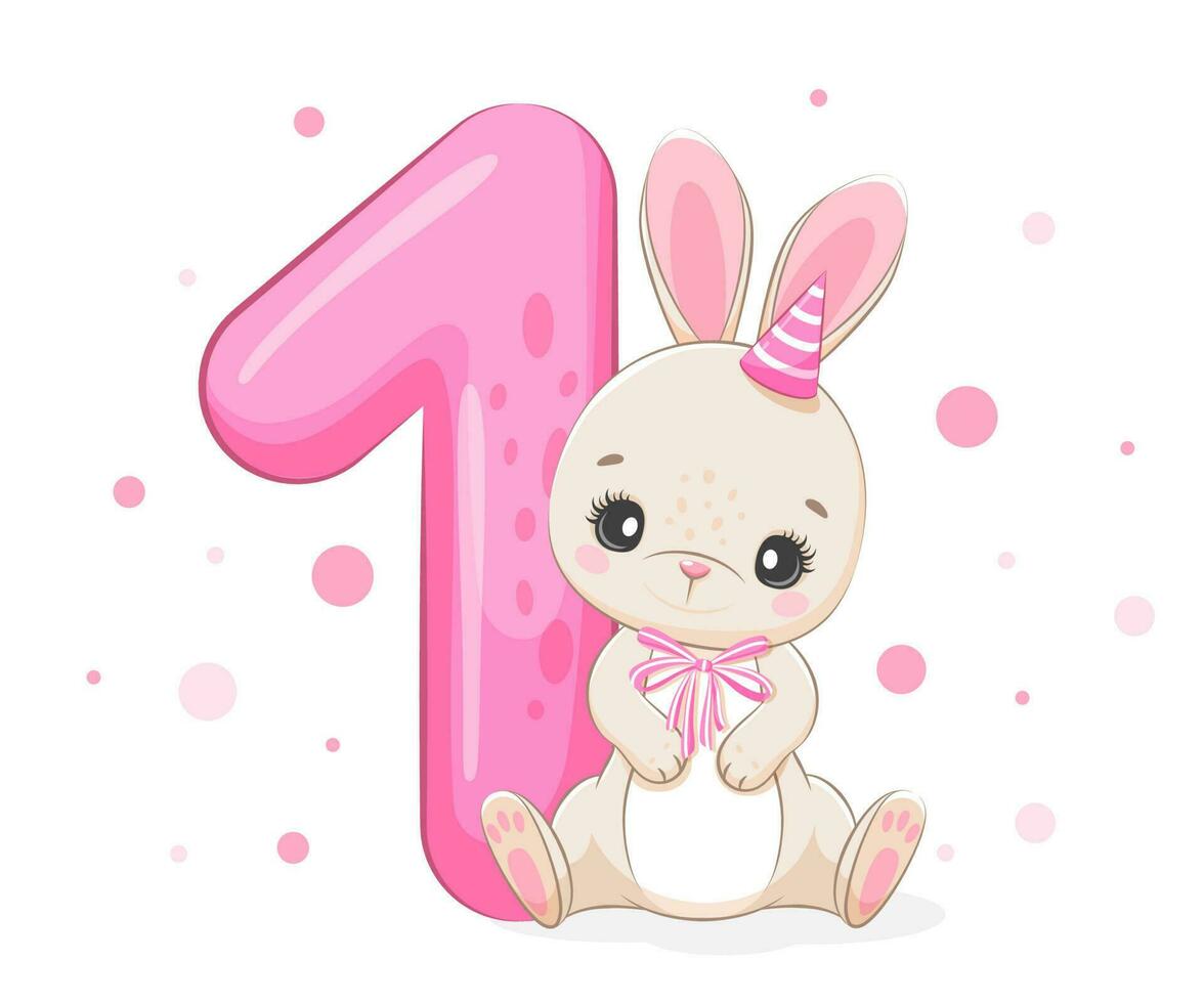 Cartoon illustration Happy birthday, 1 year, cute bunny. Vector illustration.