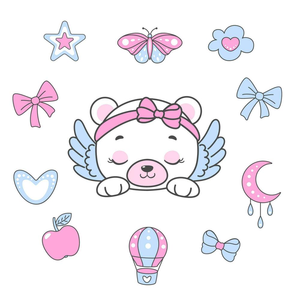 linda bebé oso con corazón, arco, estrella y Luna. vector