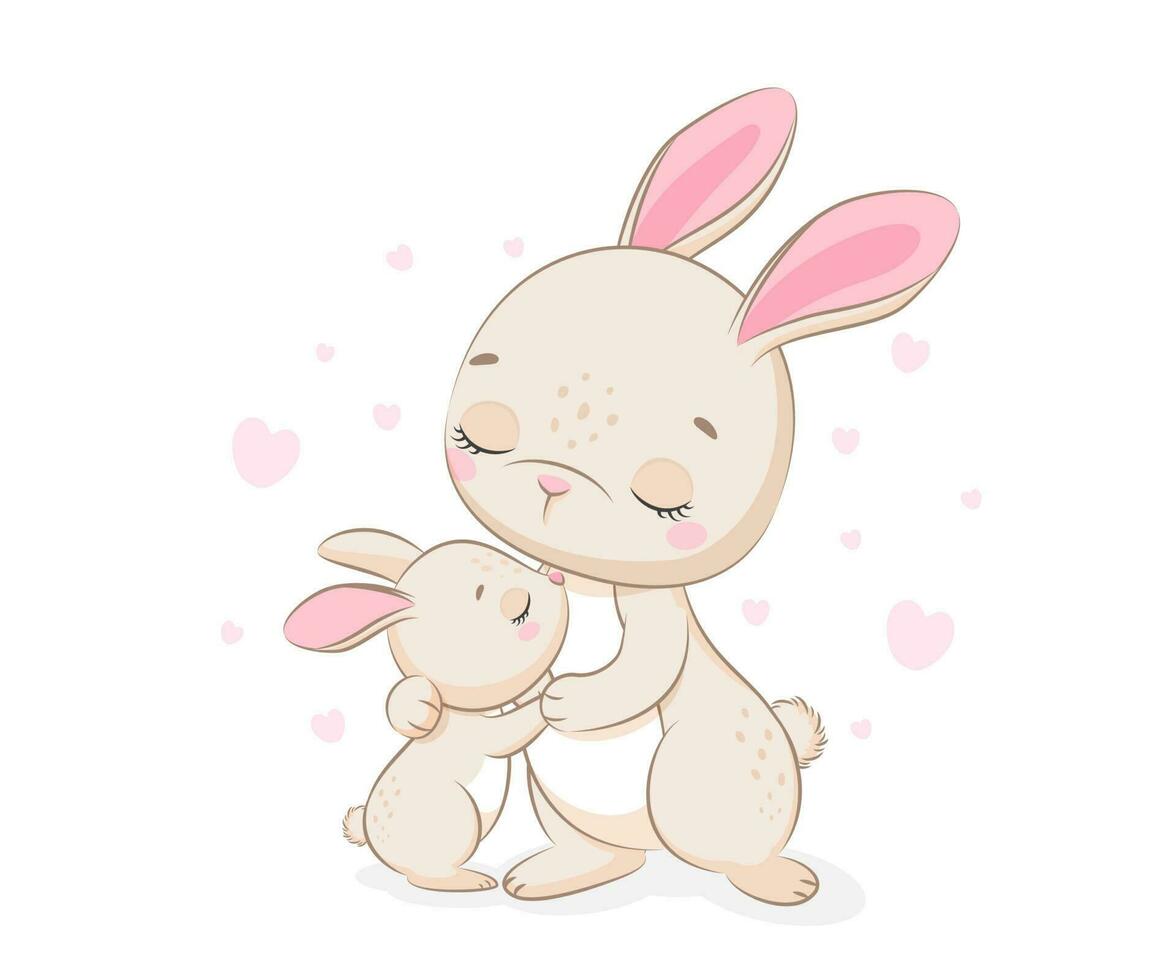 Mother and baby, bunny illustration. Cartoon rabbit. Vector illustration.