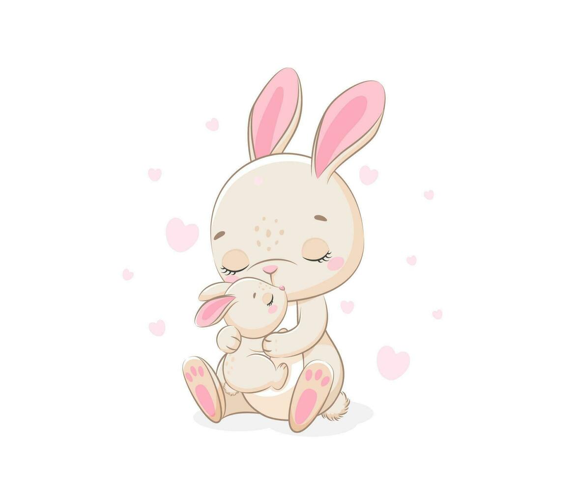 Mother and baby, bunny illustration. Cartoon rabbit. Vector illustration.