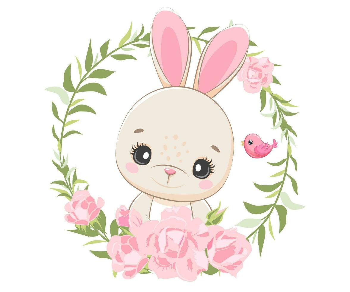 linda Banny con flores y un guirnalda. dibujos animados vector ilustración.