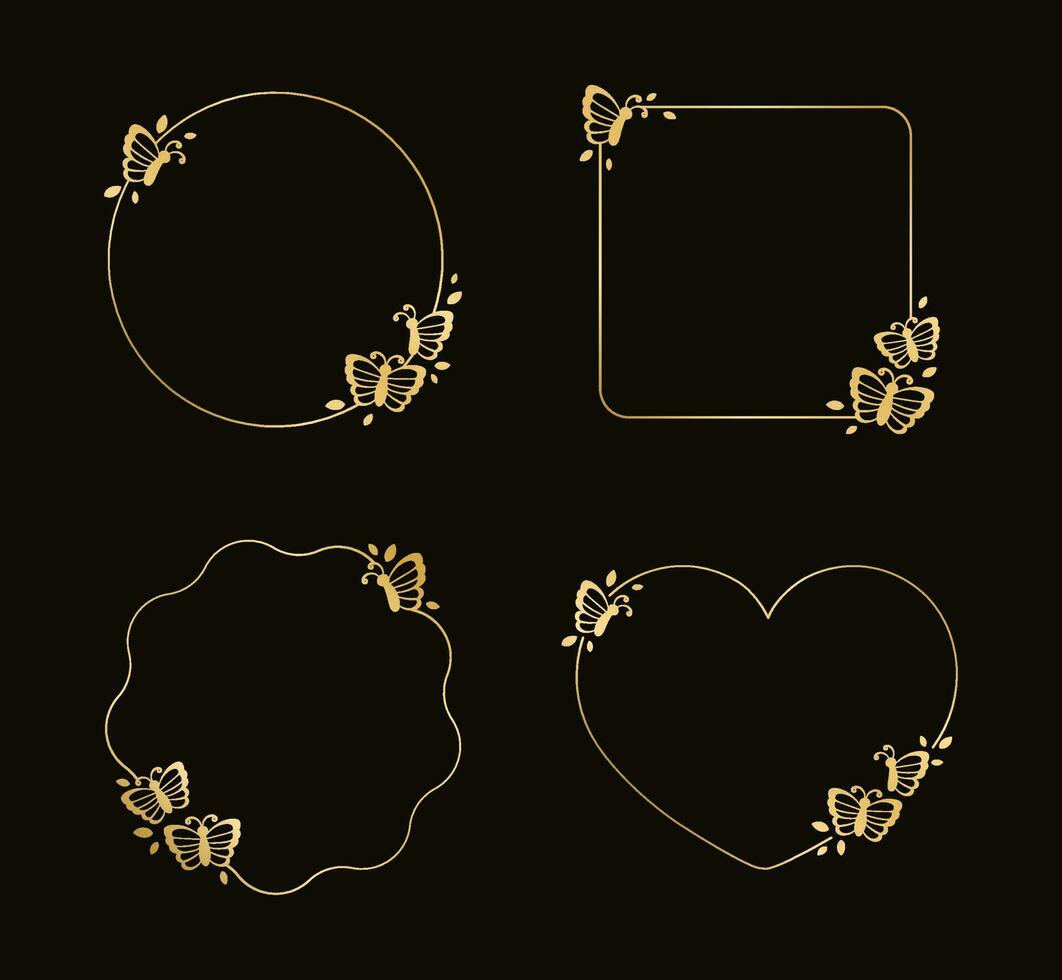 Gold butterfly frames vector illustration set. Abstract golden geometric border template for spring and summer. Simple elegant design element.