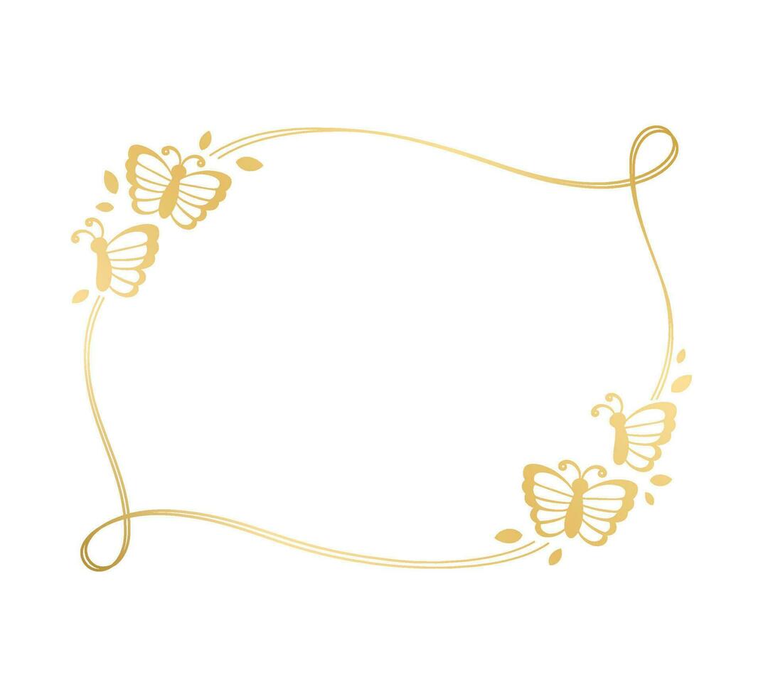 Gold frame with butterflies silhouette vector illustration. Abstract golden wedding invitation border for spring summer. Simple elegant design element.