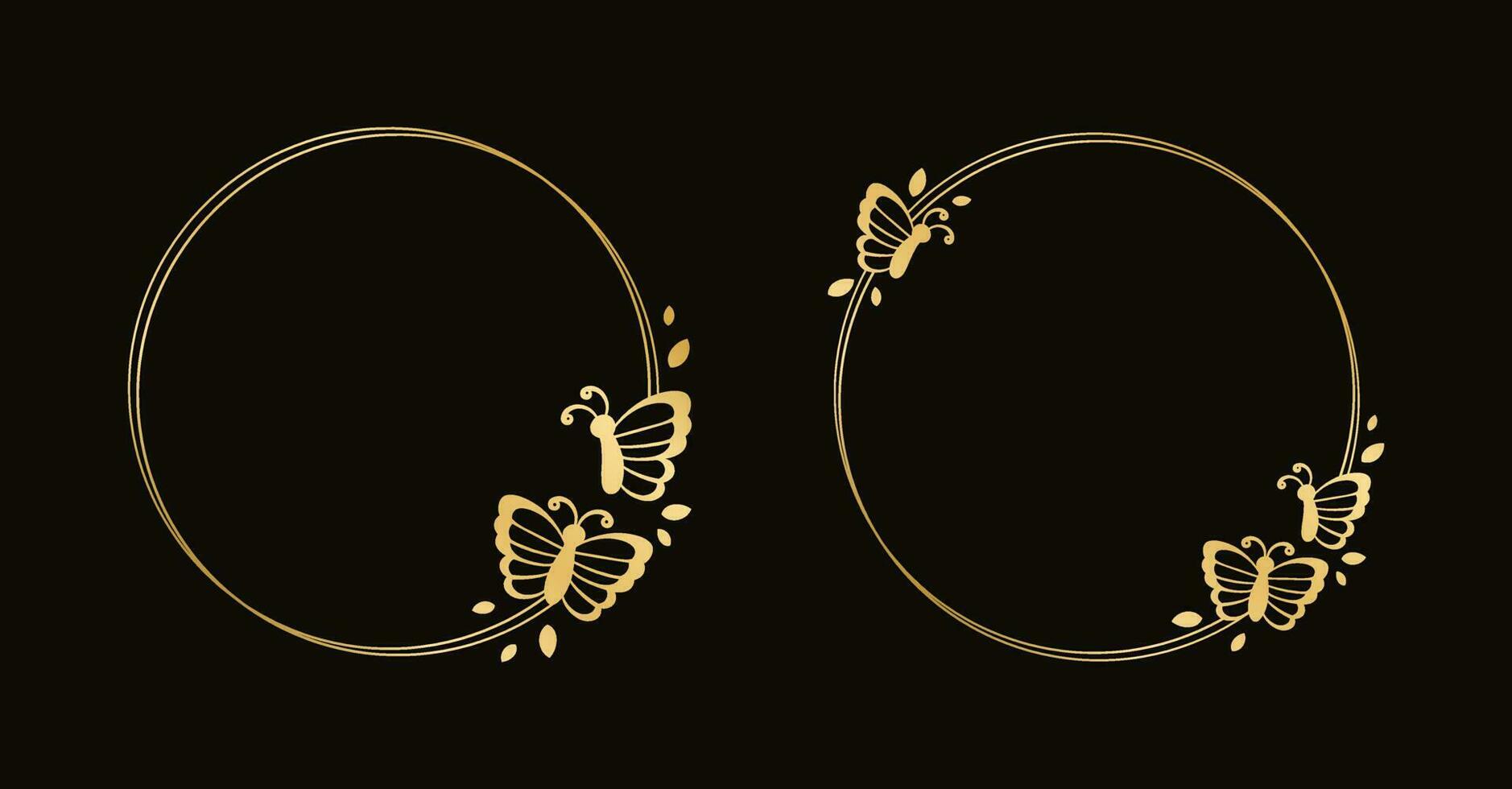 Round gold frame with butterflies silhouette vector illustration set. Abstract golden border for spring summer elegant design elements