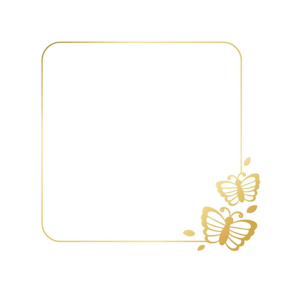 Square gold frame with butterflies silhouette vector illustration. Abstract golden border for spring summer elegant design elements