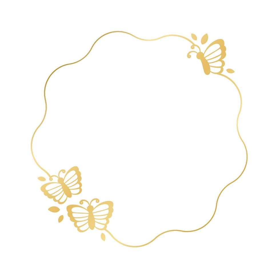 Round gold frame with butterflies silhouette vector illustration. Abstract golden border template. Spring summer elegant design elements