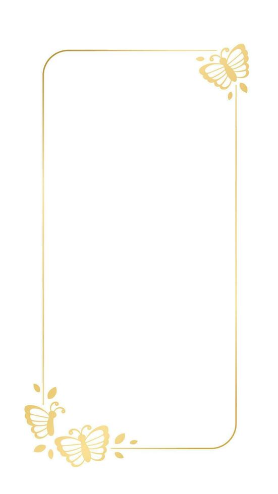 Gold frame with butterflies silhouette vector illustration. Abstract golden vertical border for spring summer. Simple elegant design element.
