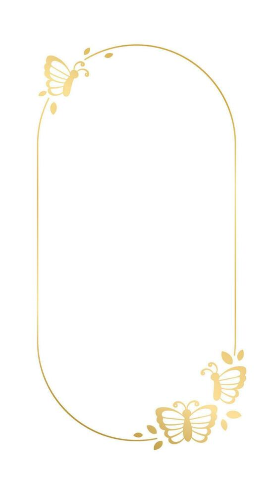 Gold frame with butterflies silhouette vector illustration. Abstract golden vertical border for spring summer. Simple elegant design element.