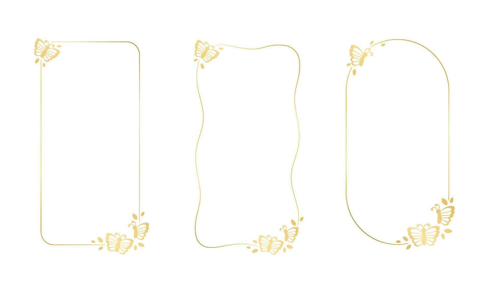 Gold butterfly frame vector illustration set. Abstract golden vertical border for spring summer. Simple elegant design element.
