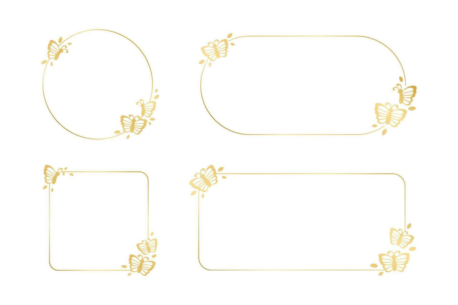 Gold butterfly frames vector illustration set. Abstract golden geometric border template for spring and summer. Simple elegant design element.
