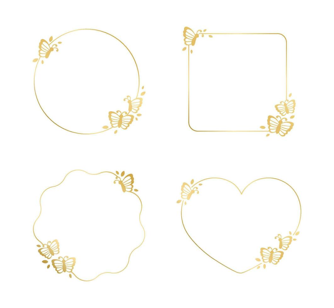 Gold butterfly frames vector illustration set. Abstract golden geometric border template for spring and summer. Simple elegant design element.