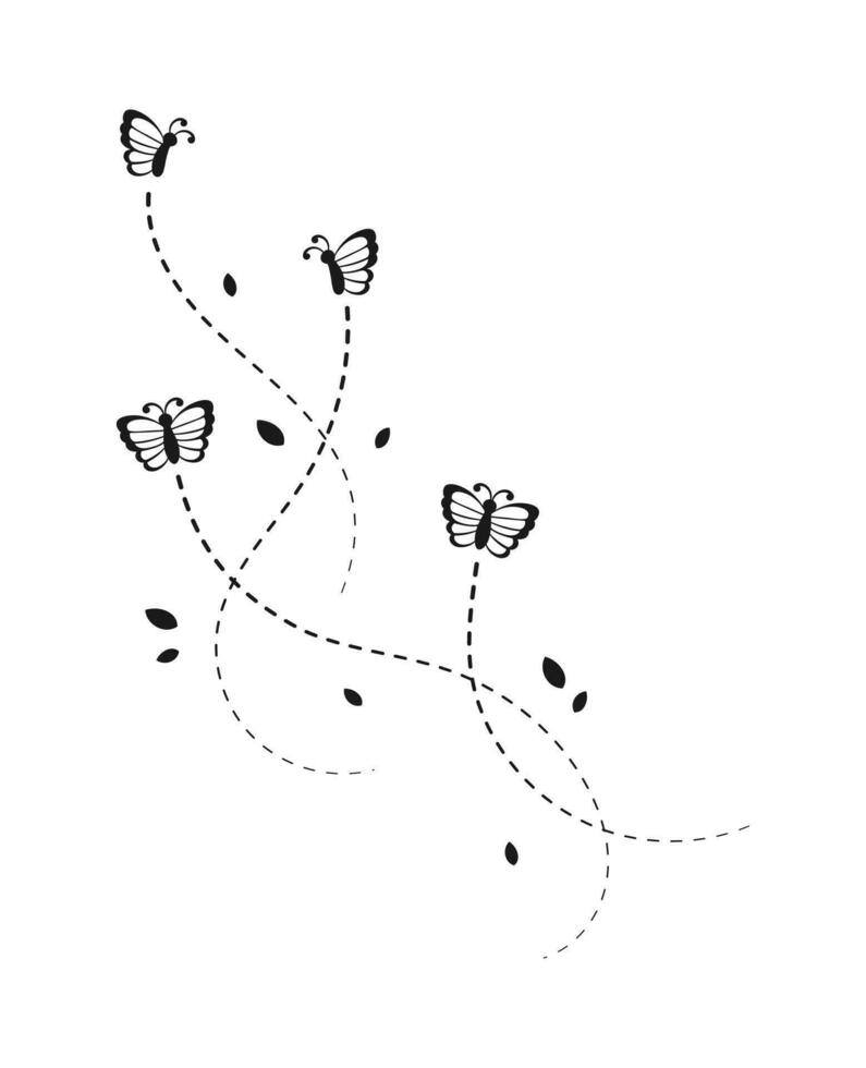 Flying Butterfly with Dotted Line Route Silhouette. Beautiful butterflies elegant insects with open wings trail. Vector design elements for spring and summer.