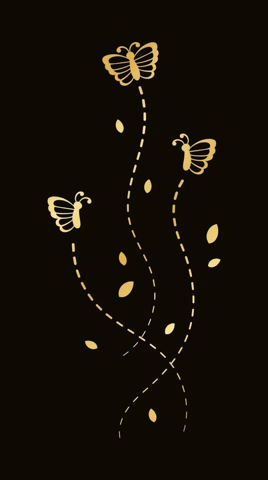 Golden Flying Butterfly with Dotted Line Route. Elegant gold butterflies with open wings trail. Vector design elements for spring and summer.