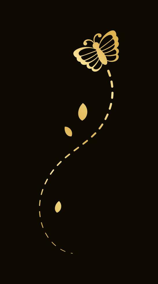 Golden Flying Butterfly with Dotted Line Route. Elegant gold butterflies with open wings trail. Vector design elements for spring and summer.