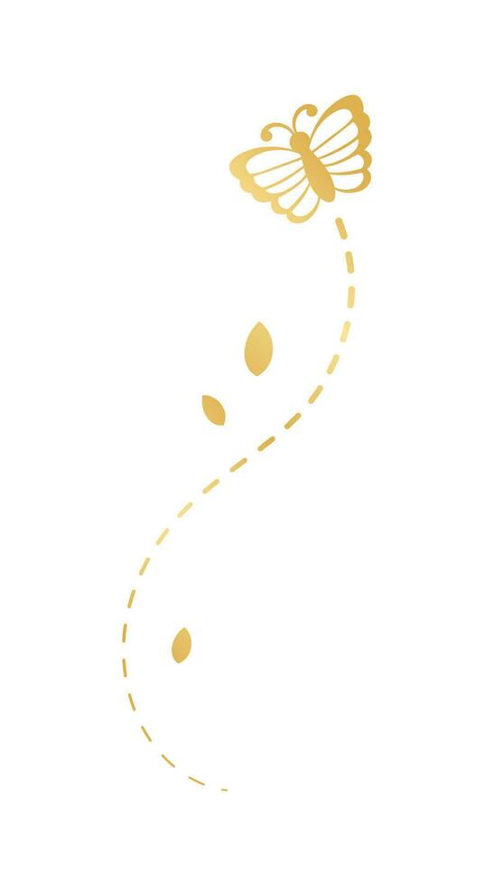 Golden Flying Butterfly with Dotted Line Route. Elegant gold butterflies with open wings trail. Vector design elements for spring and summer.