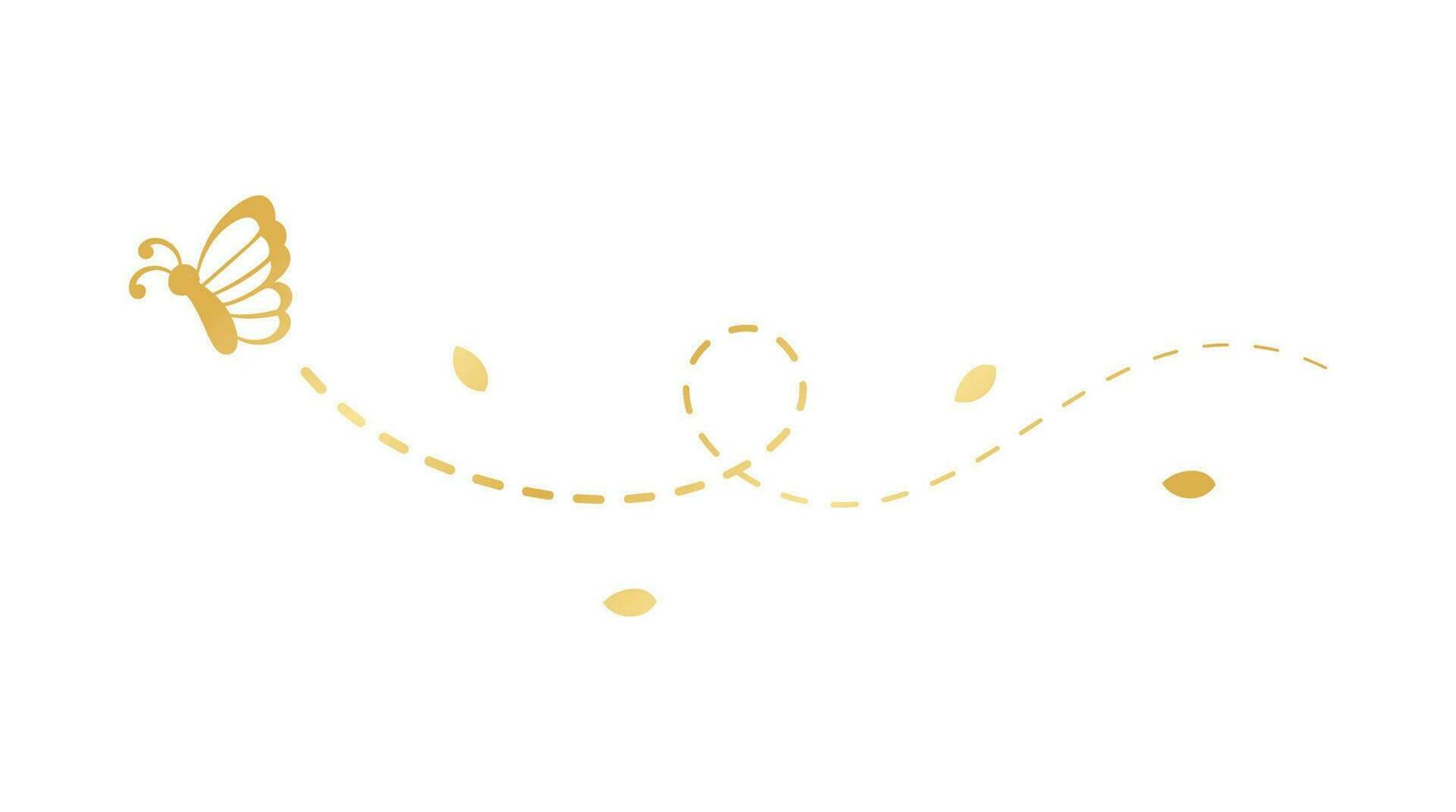 Golden Flying Butterfly with Dotted Line Route. Elegant gold butterflies with open wings trail. Vector design elements for spring and summer.