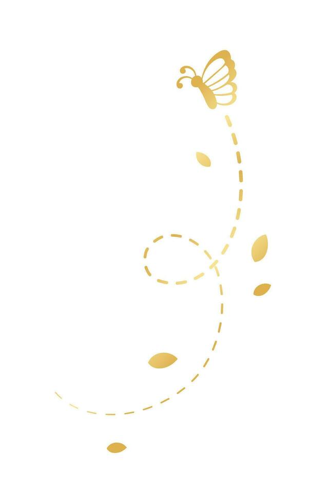 Golden Flying Butterfly with Dotted Line Route. Elegant gold butterflies with open wings trail. Vector design elements for spring and summer.