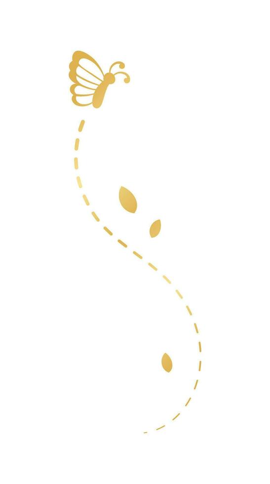 Golden Flying Butterfly with Dotted Line Route. Elegant gold butterflies with open wings trail. Vector design elements for spring and summer.