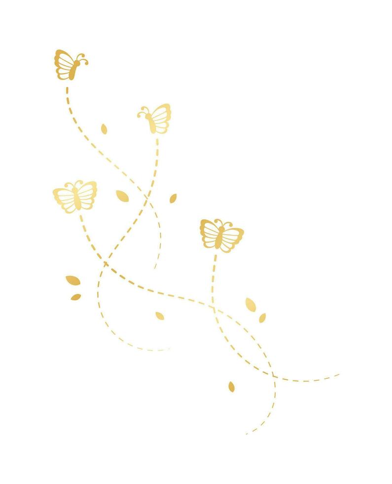 Golden Flying Butterfly with Dotted Line Route. Elegant gold butterflies with open wings trail. Vector design elements for spring and summer.