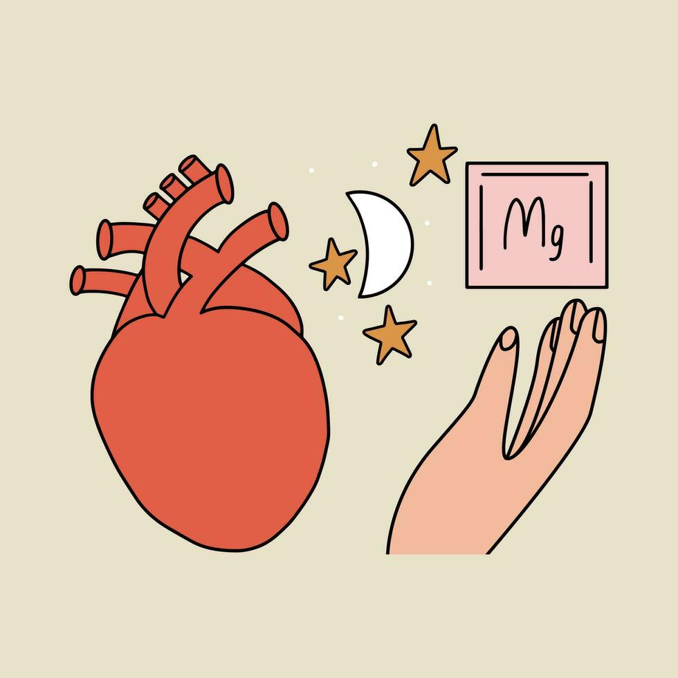 magnesio químico elemento y humano mano y corazón. magnesio deficiencia concepto. plano icono, vector ilustración