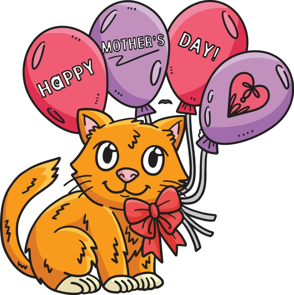 Happy Mothers Day Cat And Balloons Cartoon Clipart vector
