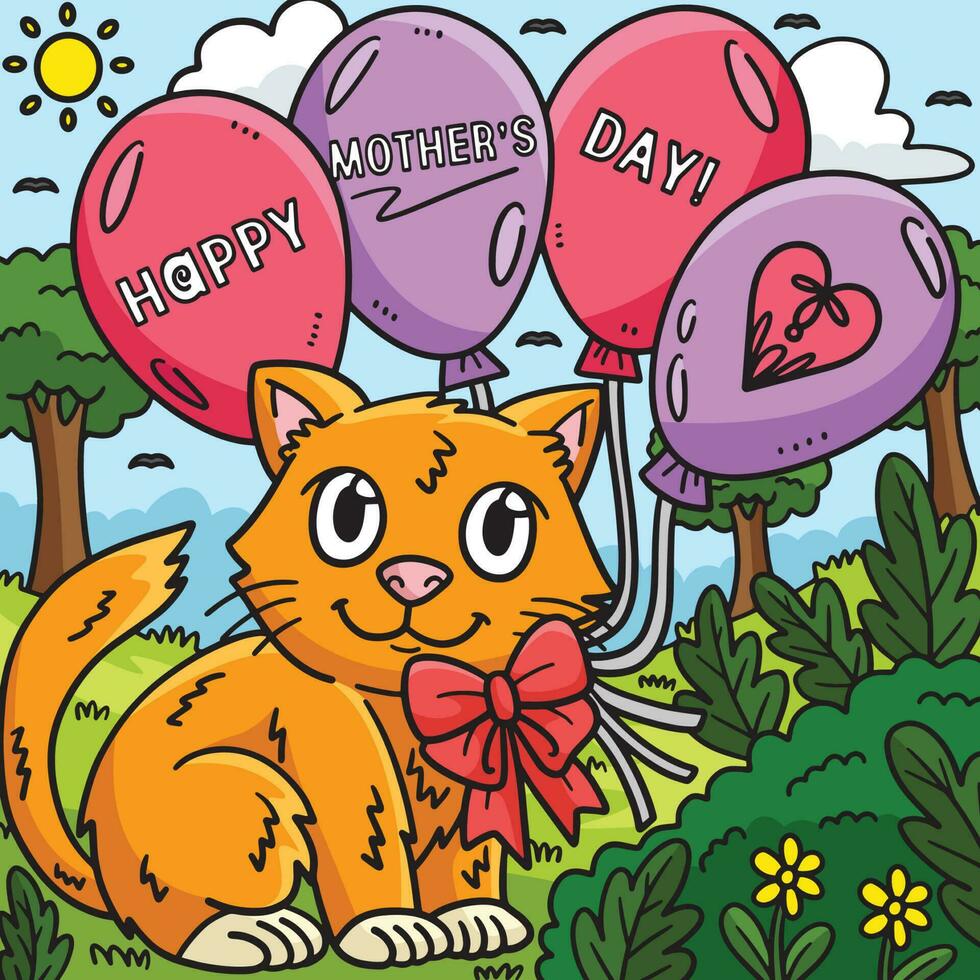 Happy Mothers Day Cat And Balloons Colored Cartoon vector