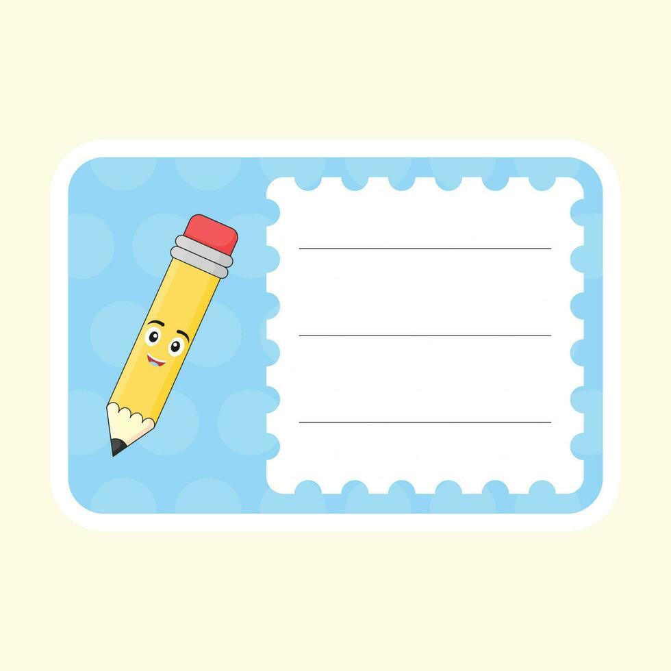 dibujos animados lápiz personaje marco o cuaderno etiqueta en pastel amarillo antecedentes. vector