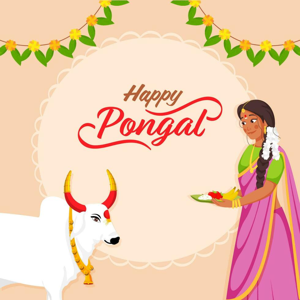 South Indian Young Woman Offering Food To Bull Animal On The Occasion Of Pongal Festival. vector