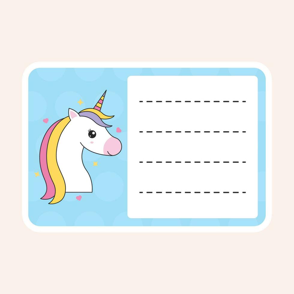 aislado unicornio dibujos animados marco o cuaderno etiqueta en melocotón antecedentes. vector