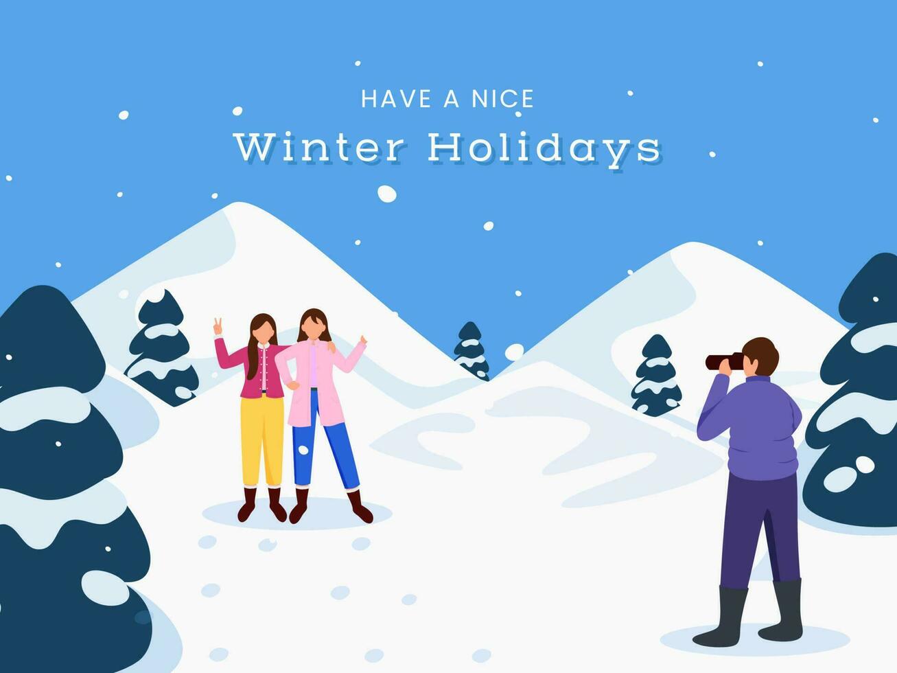 Have A Nice Winter Holidays Concept With Cartoon Male Taking Photo Of Two Young Girls And Xmas Tree On Snowy Mountain Blue Background. vector