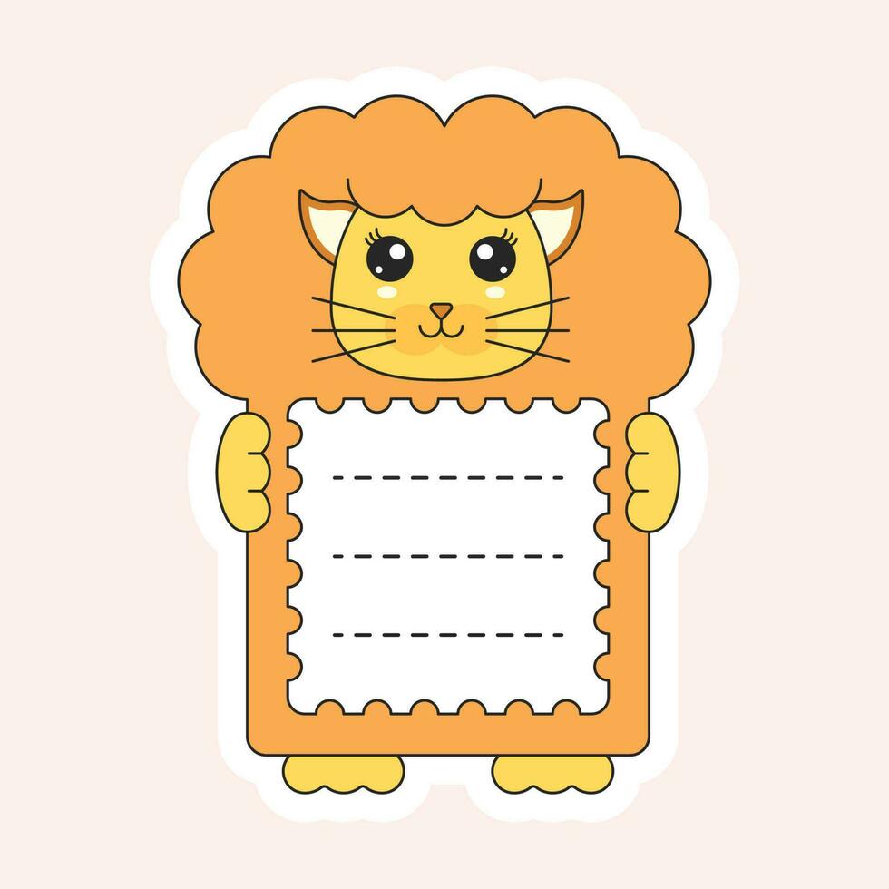 aislado linda león dibujos animados marco o cuaderno etiqueta en melocotón antecedentes. vector