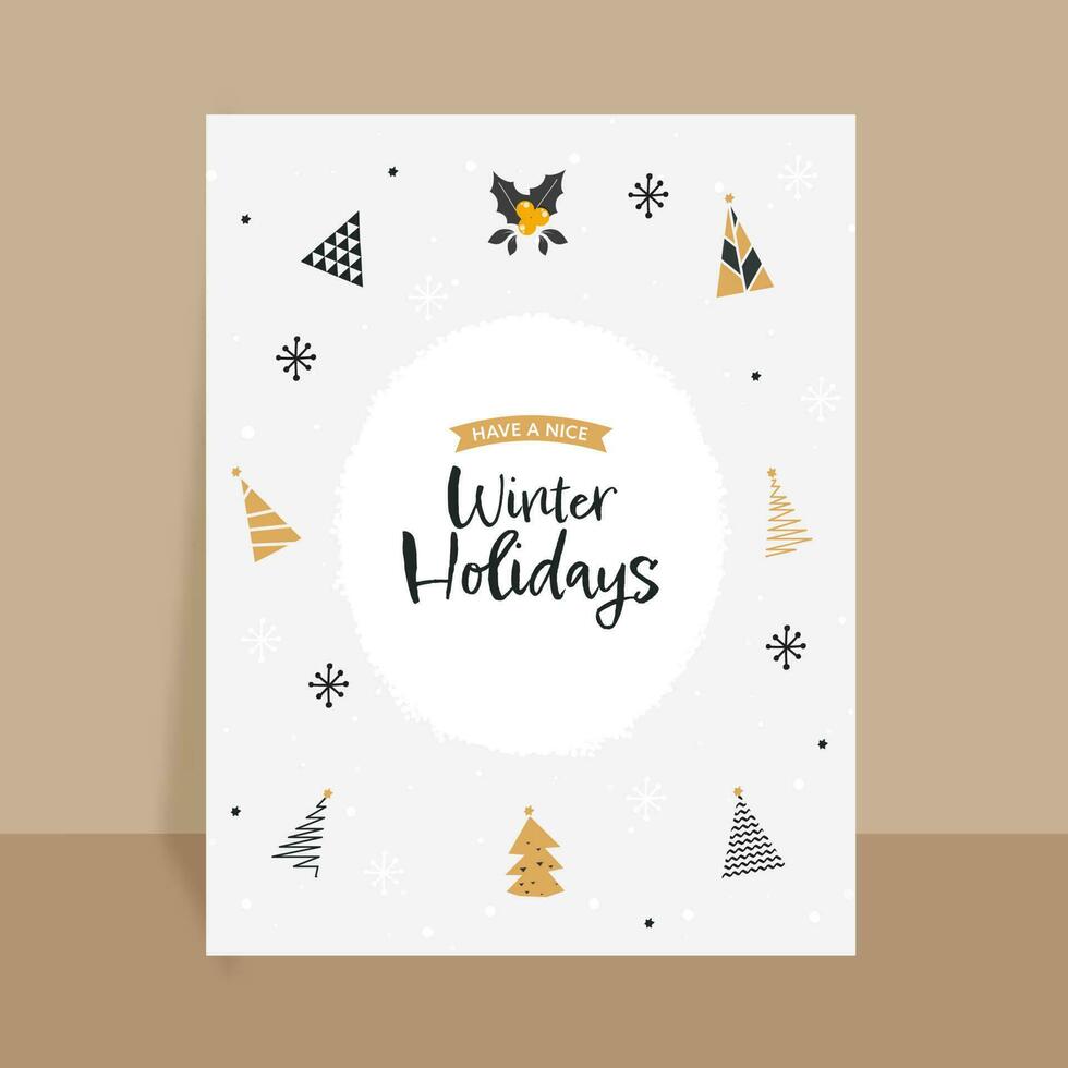 invierno Días festivos volantes o modelo diseño con varios tipo Navidad árbol, acebo baya, estrellas y copo de nieve en ligero gris antecedentes. vector