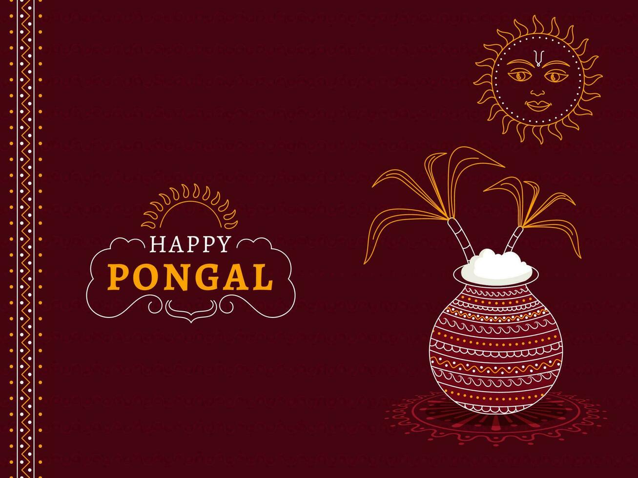 Happy Pongal Celebration Concept With Traditional Dish In Clay Pot, Sugarcanes And Sun Face On Maroon Background. vector