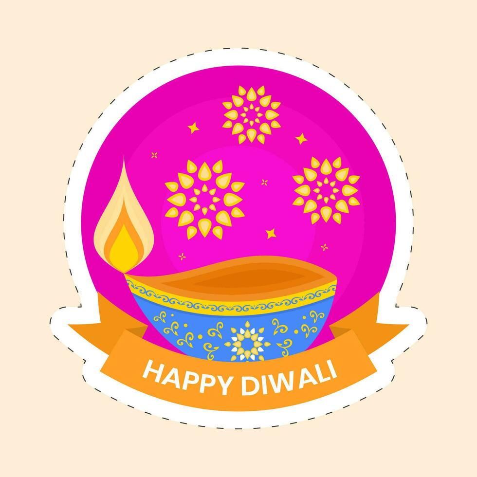 Burning Oil Lamp Against Mandala Pink Background For Happy Diwali Sticker. vector