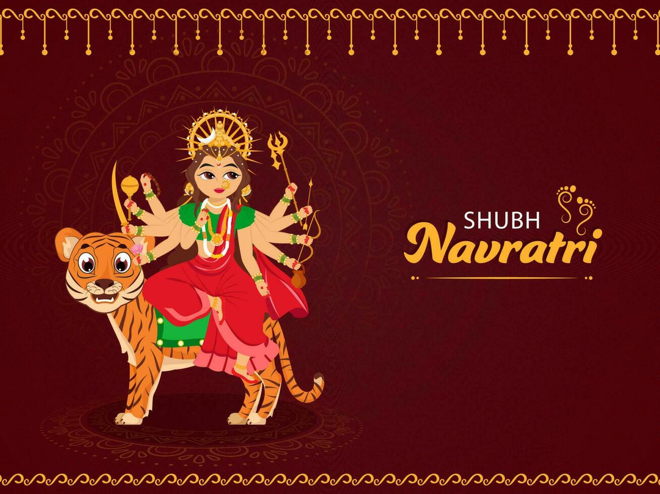 Shubh Navratri Celebration Concept With Hindu Mythology Goddess Durga Maa Statue On Dark Red Mandala Pattern Background. vector