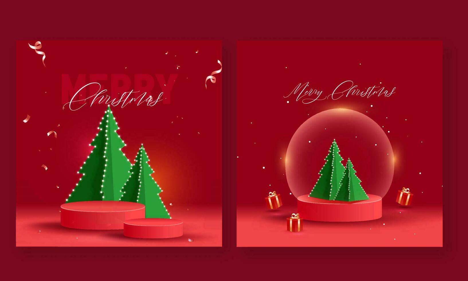 Set Of Merry Christmas Greeting Card OR Poster Design In Red Color. vector